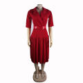 Blue Half Sleeve Notched Collar Button Belt Pleated Lady Career Dress